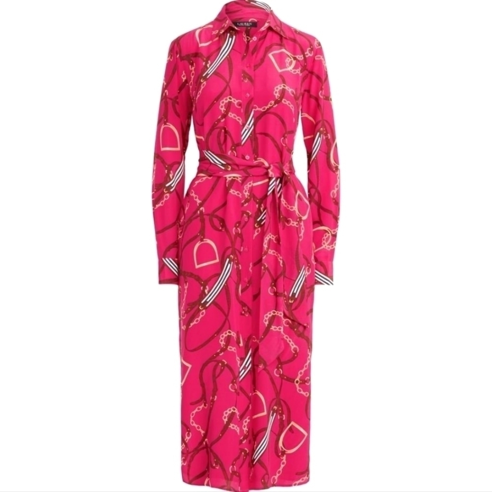 NEW! LAUREN RALPH LAUREN Fayella Equestrian Print Silk Shirt Dress 00/XXS.